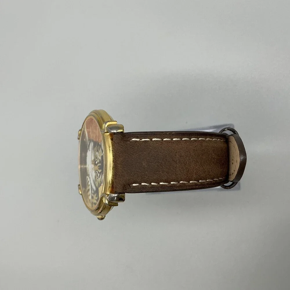 Vintage Troica Cat Dial Womens Watch 41mm Gold Tone Brown Leather New Battery